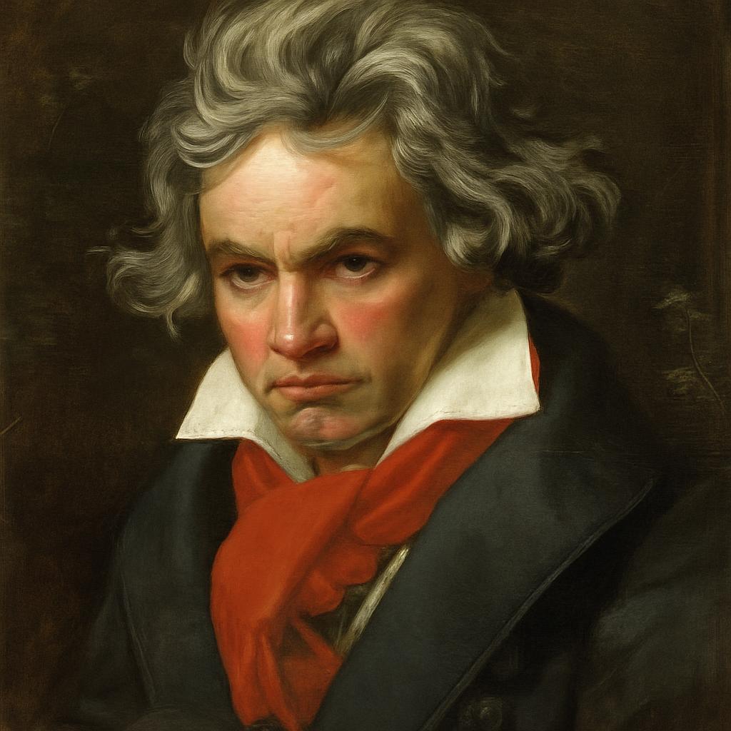 Portrait of Ludwig van Beethoven, a renowned German composer and pianist known for his pivotal role in the transition betw...