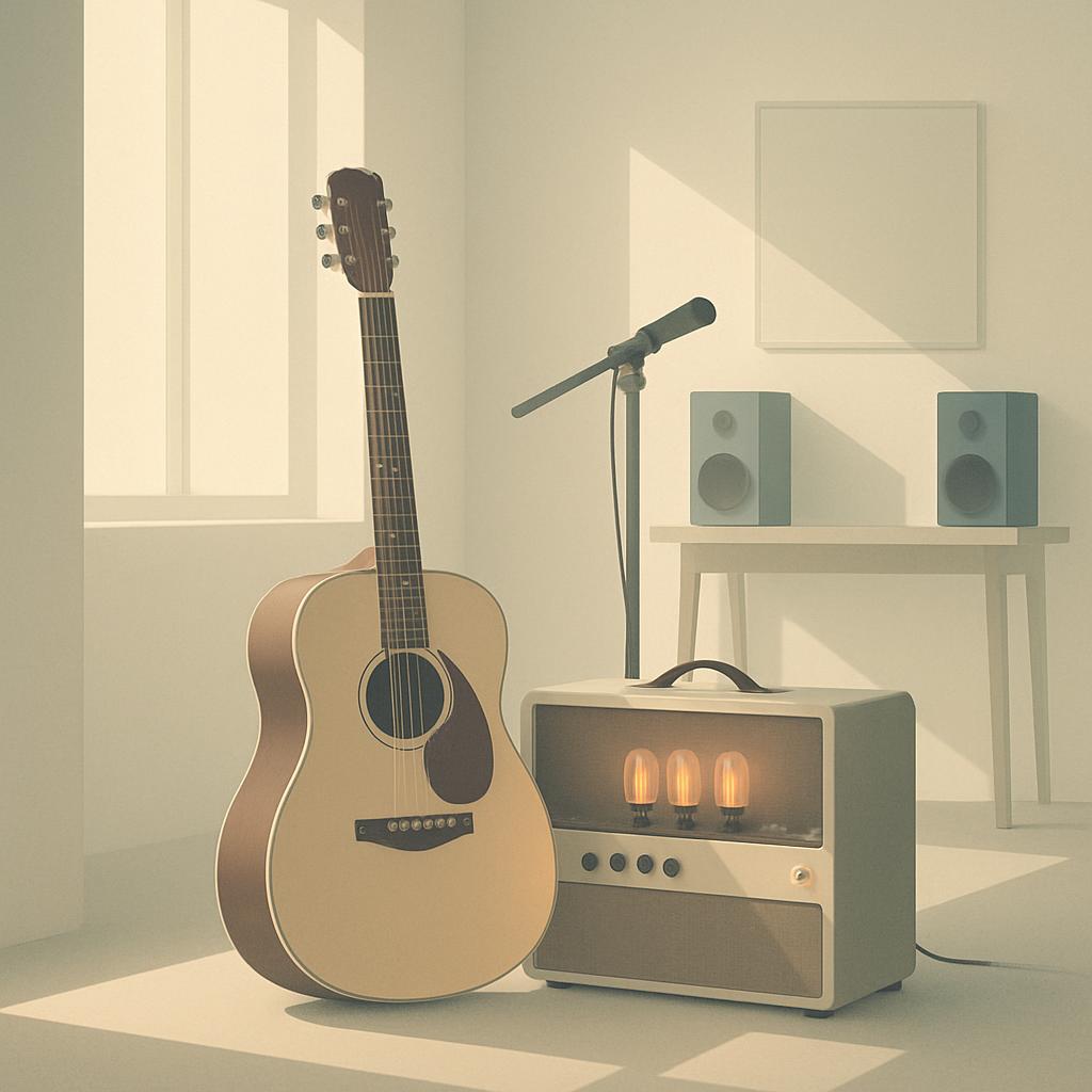 A warm, minimalist room with a guitar set up for practice or performance, featuring a guitar, amplifier, and a microphone ...
