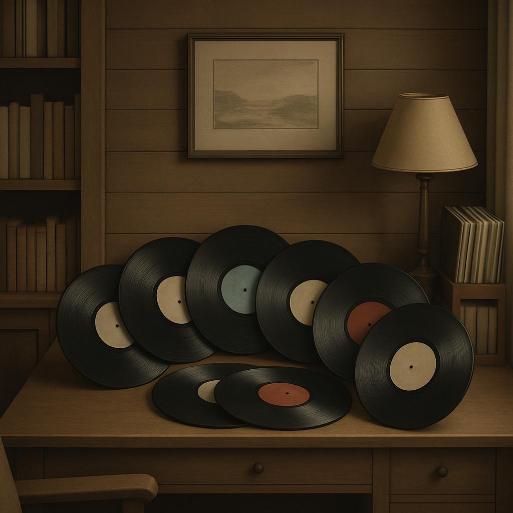 A room with a collection of vinyl records on a table, against a background of books on shelves and a picture on the wall.